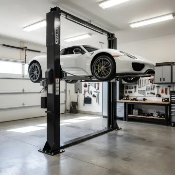 Two-post car lift in a clean home garage