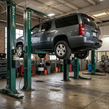 Heavy-duty two post car lift in automotive shop