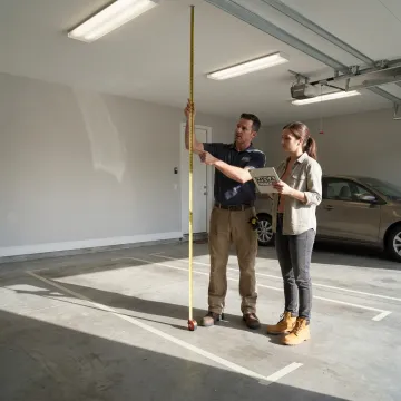 Technicians planning a custom garage car lift installation
