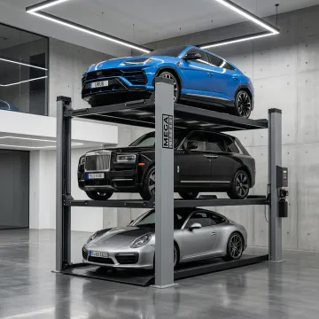 American made car lift storing vehicles vertically