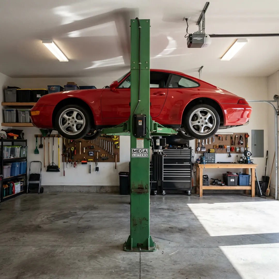 Single post car lift in garage