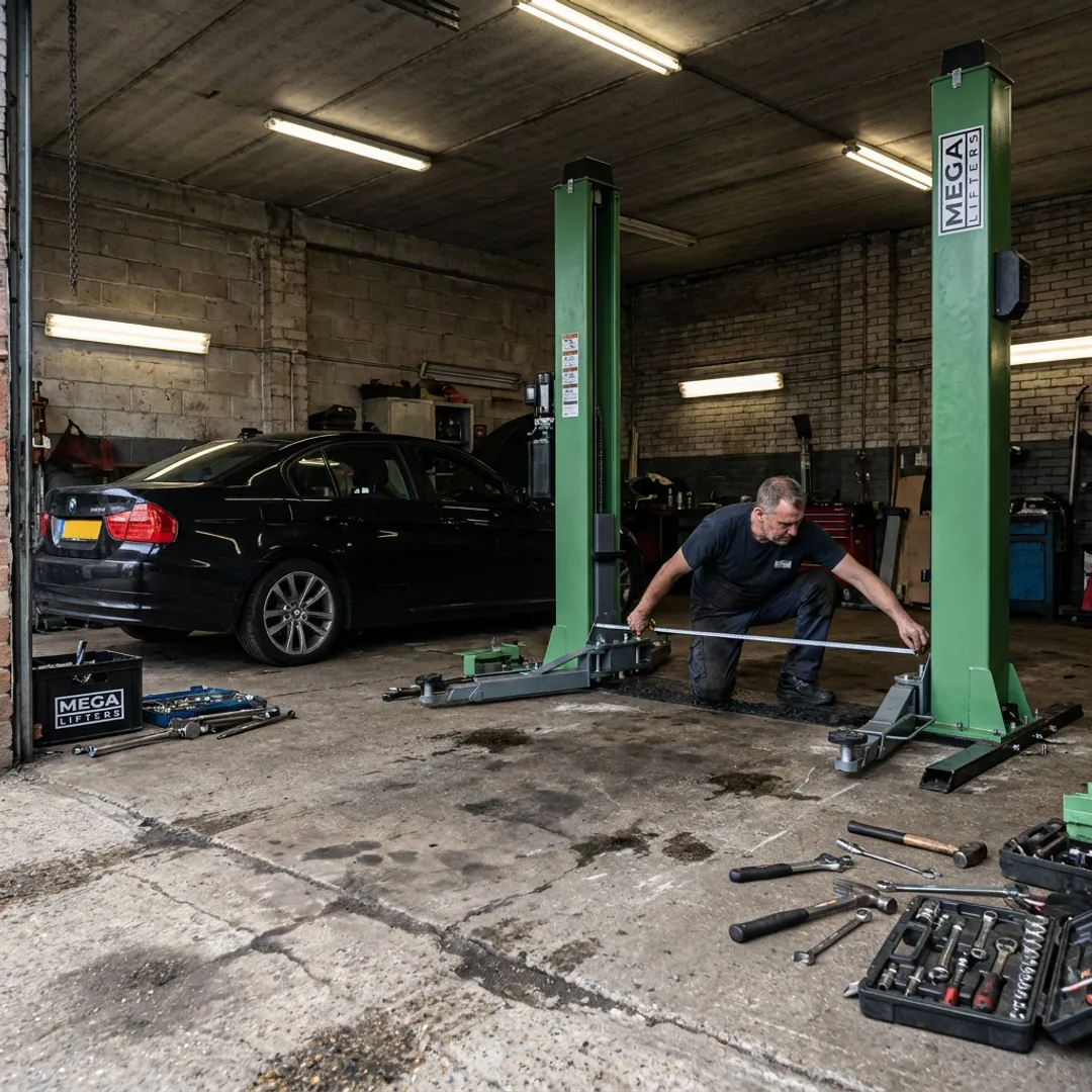Technician planning a 2 post car lift installation