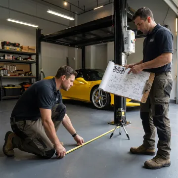 Technicians planning a four post car lift installation