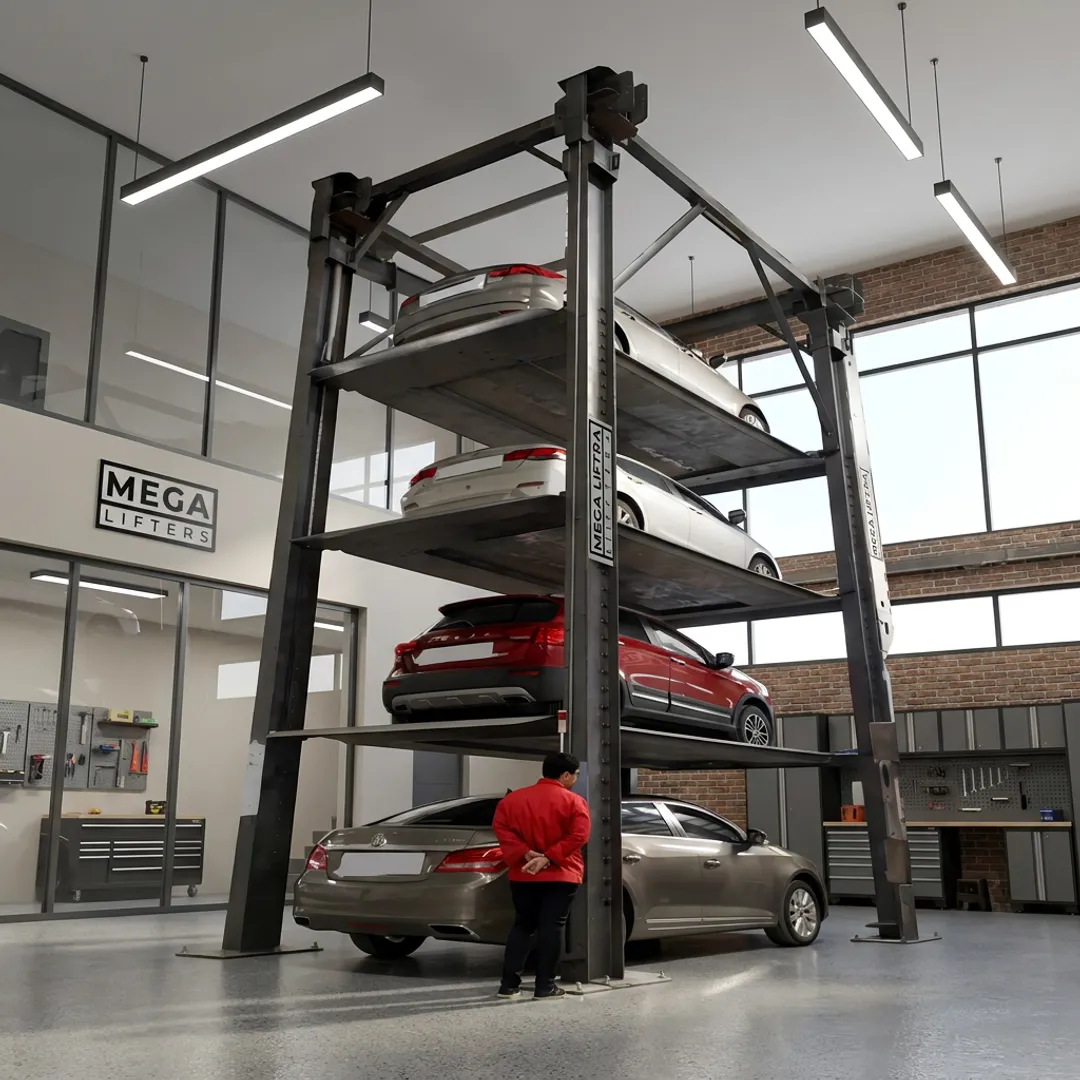 Custom parking lifts stacking cars in a garage