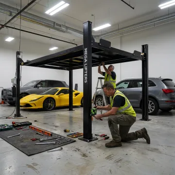 Technicians installing a custom car lift system