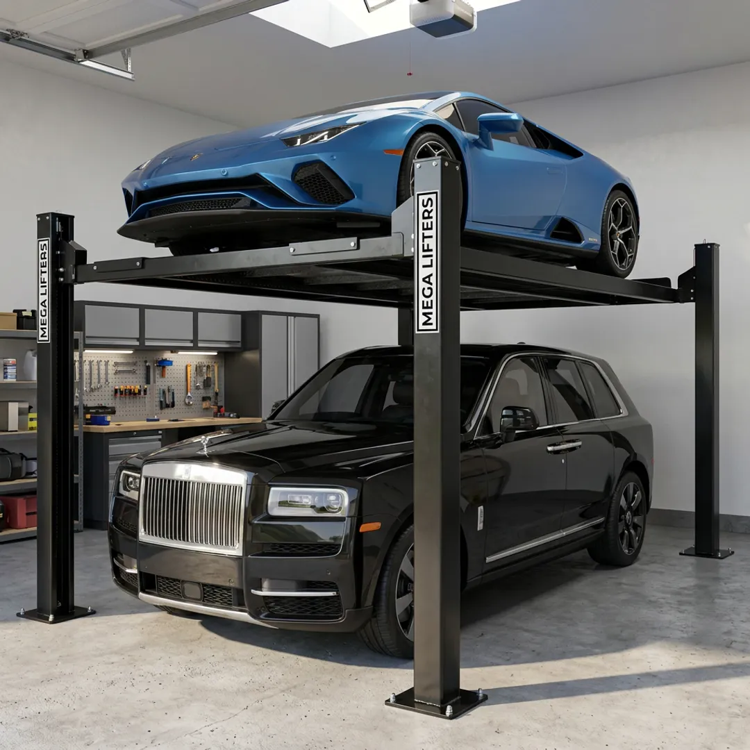 Custom car lift in a residential garage