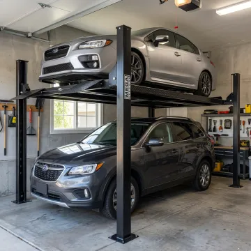 Custom car storage lift in a garage