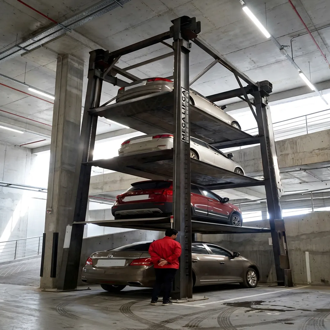 Cars stacked on parking lifts