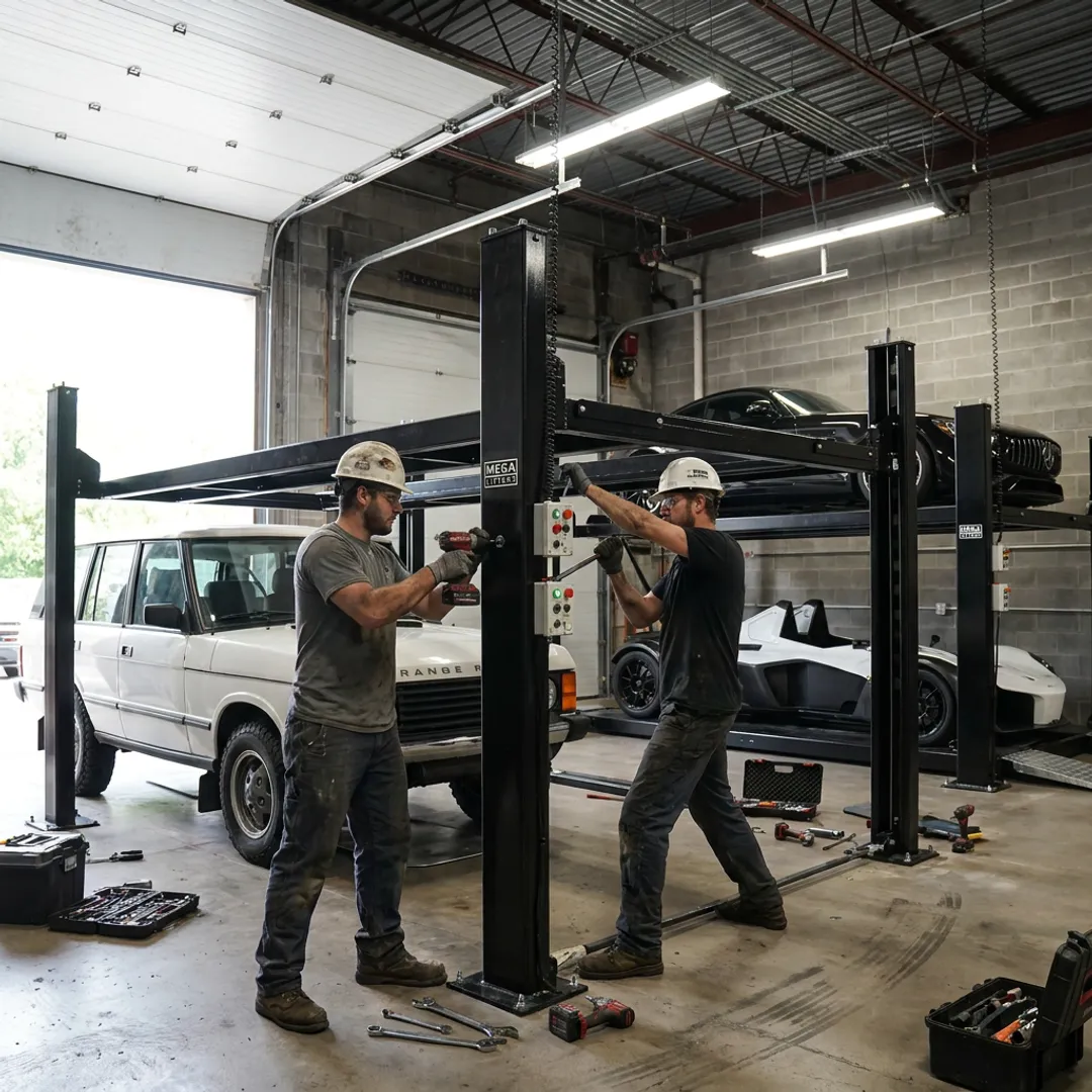 Technicians installing a commercial car parking lift