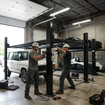 Technicians installing a commercial car parking lift