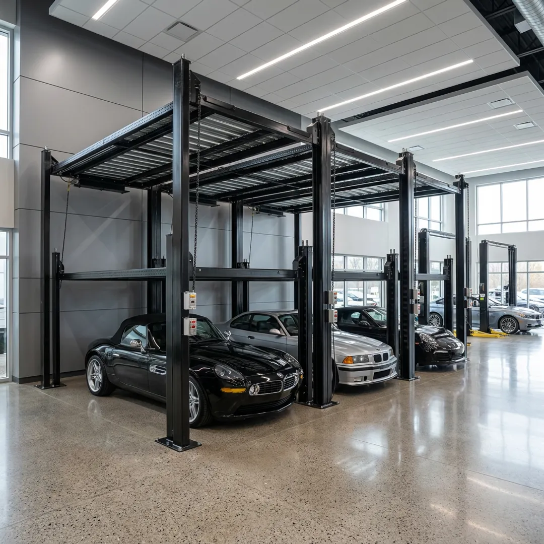 Three cars stacked on a triple parking lift