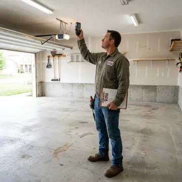 Installer measuring a garage for a car lift