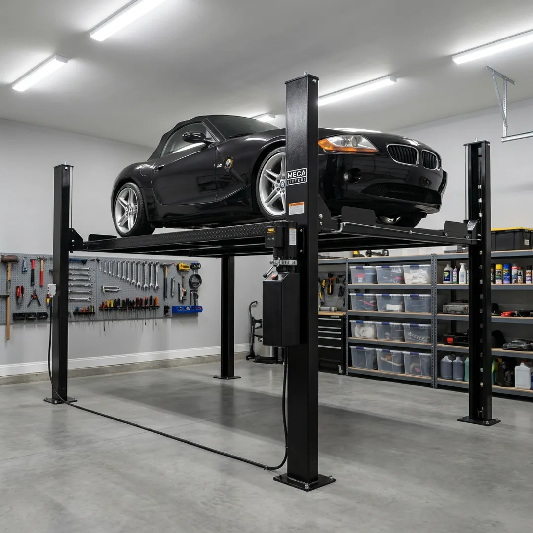 Home garage with a vehicle on a car lift