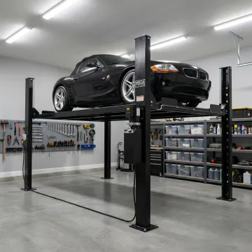 Home garage with a vehicle on a car lift