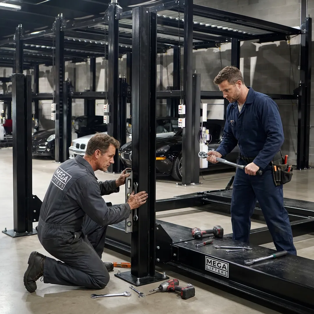 Technicians installing a multi-car lift system