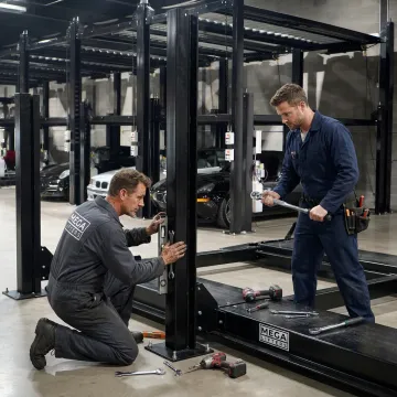 Technicians installing a multi-car lift system