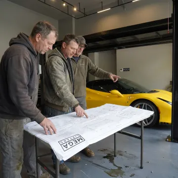 Technicians planning a custom vehicle stacking system