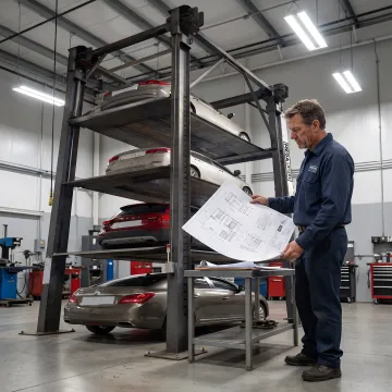 Technician reviewing a custom vehicle lift layout