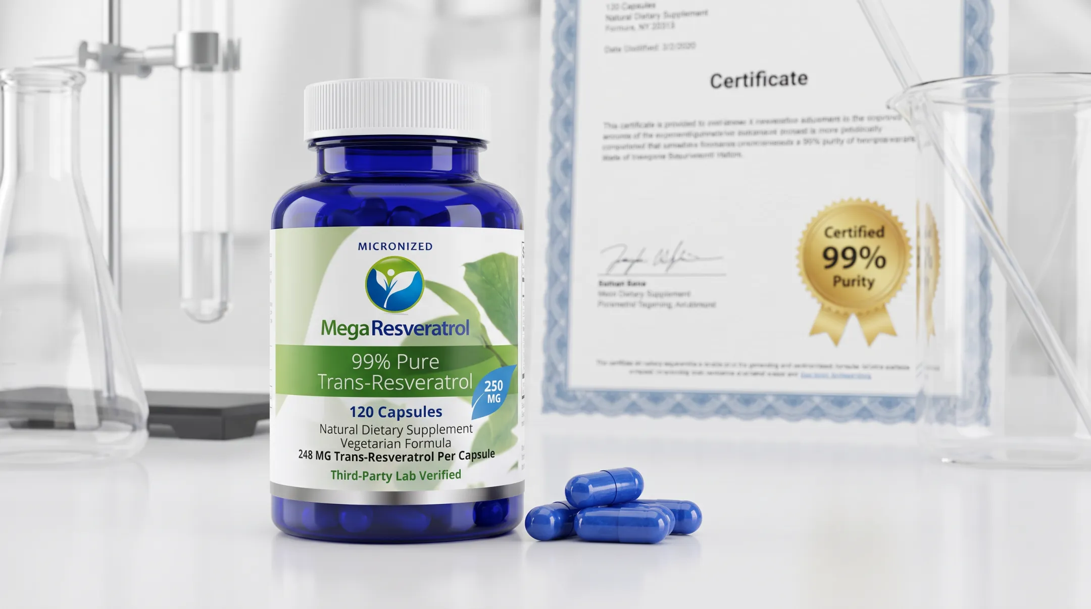 Mega Resveratrol pharmaceutical-grade trans-resveratrol supplement bottle with purity certification