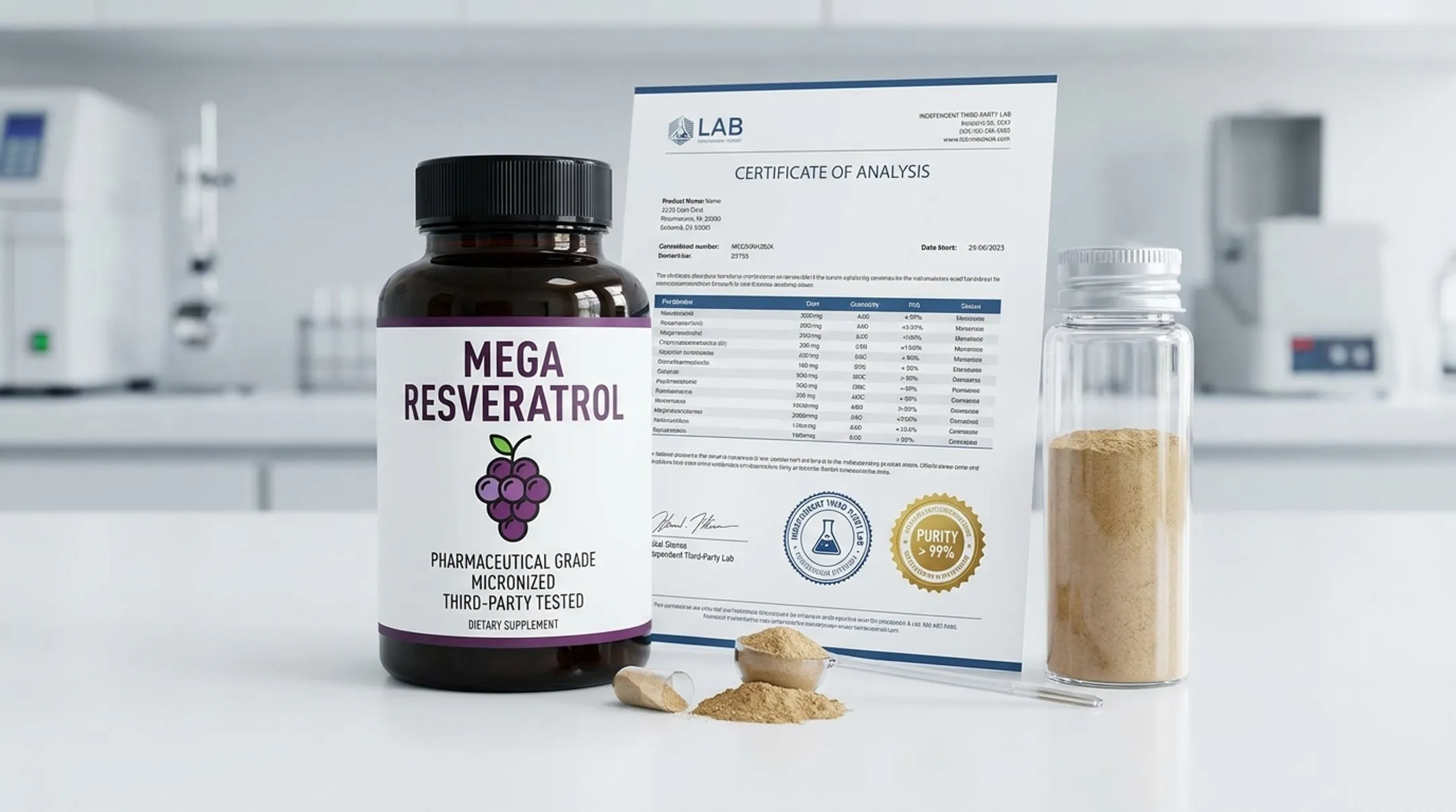 Micronized trans-resveratrol supplement capsules with purity lab testing certificate
