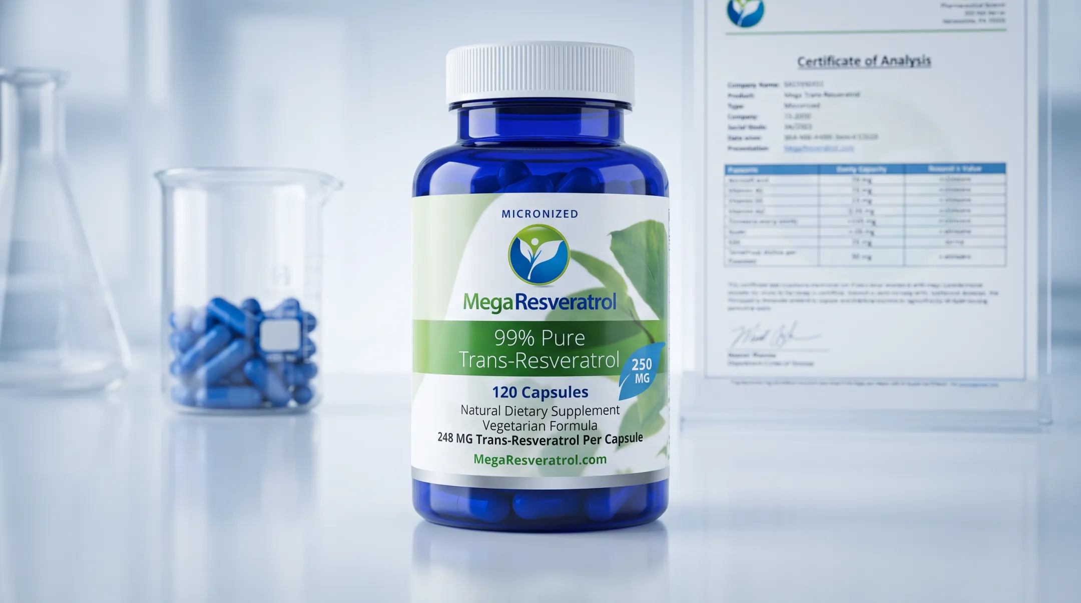 Mega Resveratrol supplement capsules bottle with purity specifications label