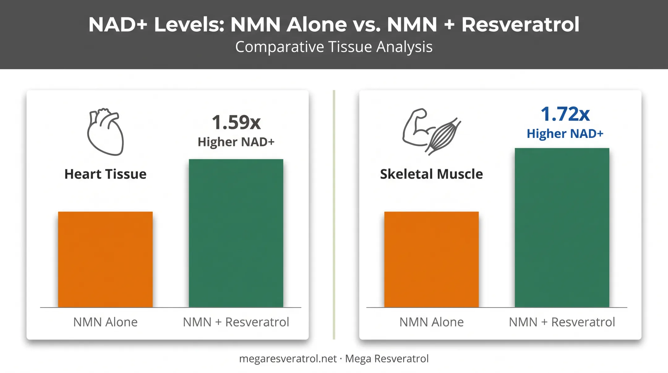 NMN plus resveratrol tissue NAD+ increase comparison in heart and muscle