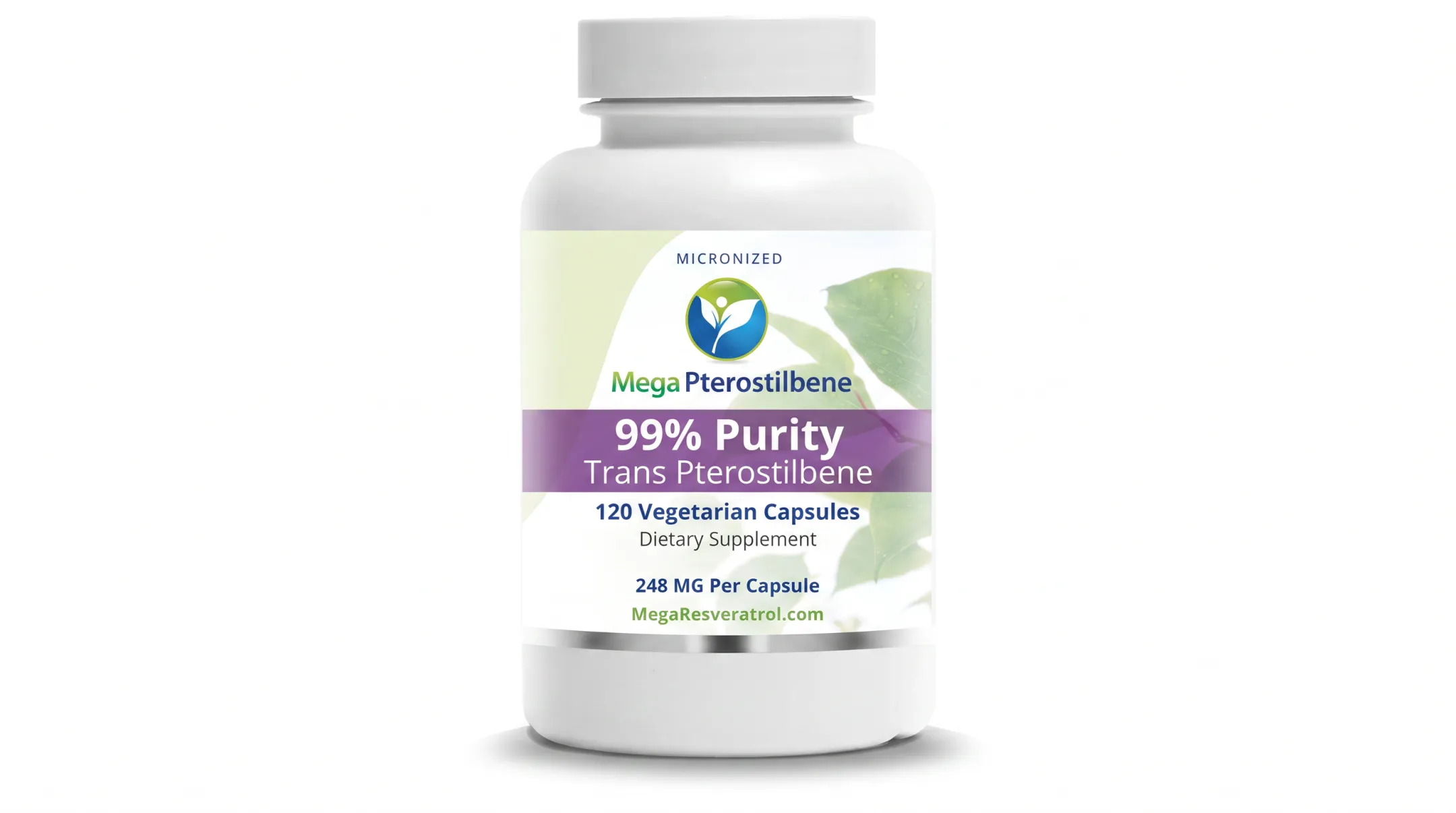 Mega Resveratrol pterostilbene supplement capsule bottle with dosage label