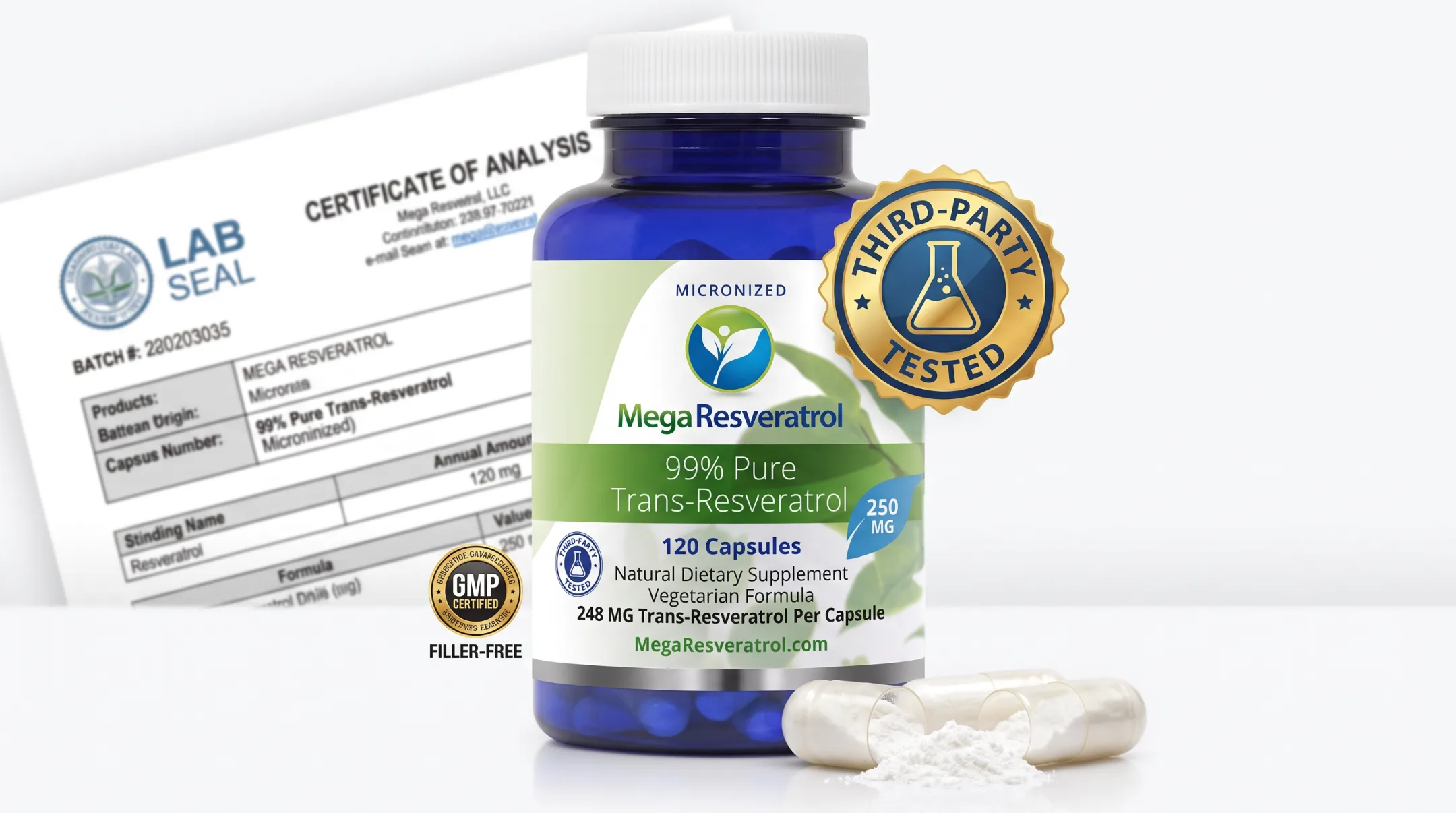 Mega Resveratrol micronized trans-resveratrol capsules purity certification