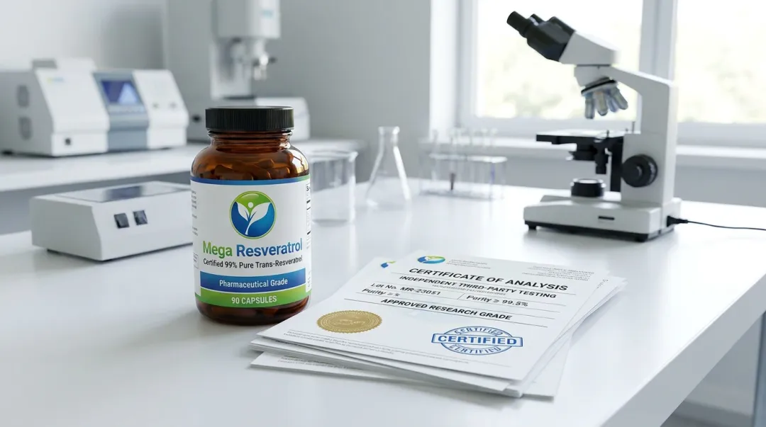 Mega Resveratrol pharmaceutical-grade supplement bottle with lab certification documentation