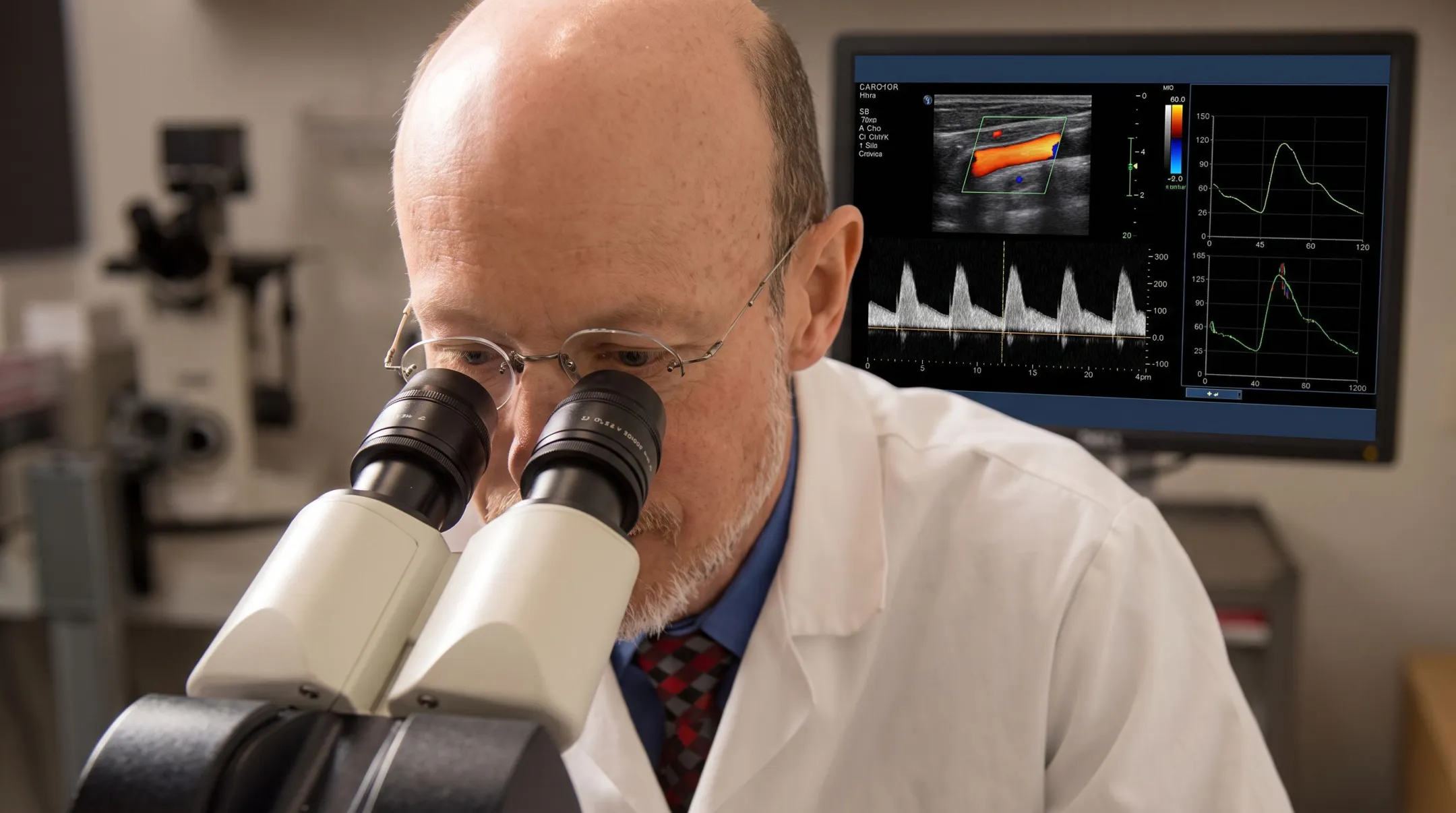 Scientist analyzing blood vessel health data in cardiovascular research lab