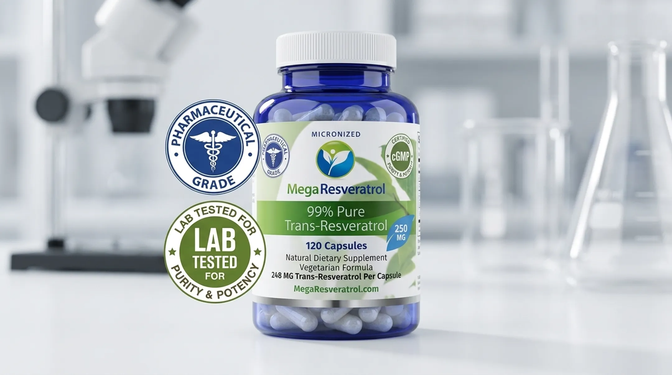 Mega Resveratrol pharmaceutical-grade supplement bottle with purity certification