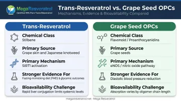 Trans-resveratrol versus grape seed OPCs mechanism bioavailability and clinical evidence comparison chart
