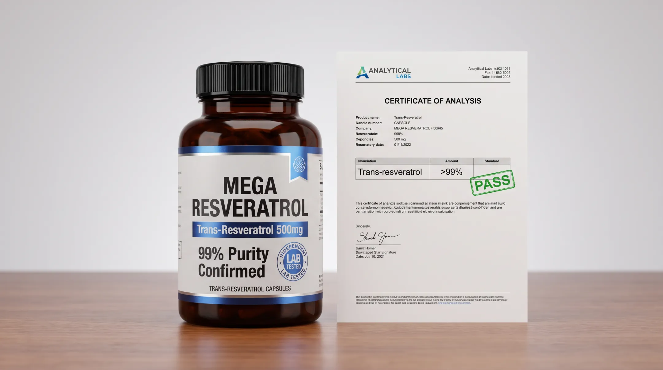 Mega Resveratrol supplement bottle with Certificate of Analysis document