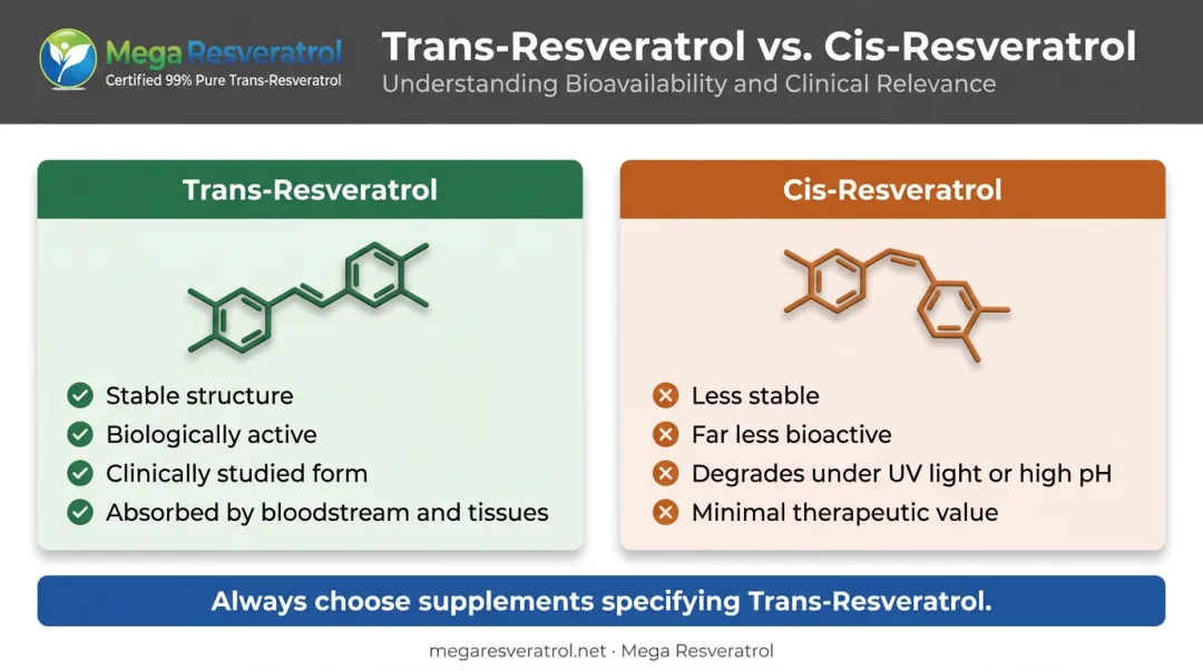 Trans versus cis resveratrol isomer comparison chart showing stability and bioactivity differences