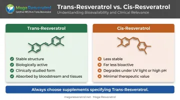 Trans versus cis resveratrol isomer comparison chart showing stability and bioactivity differences