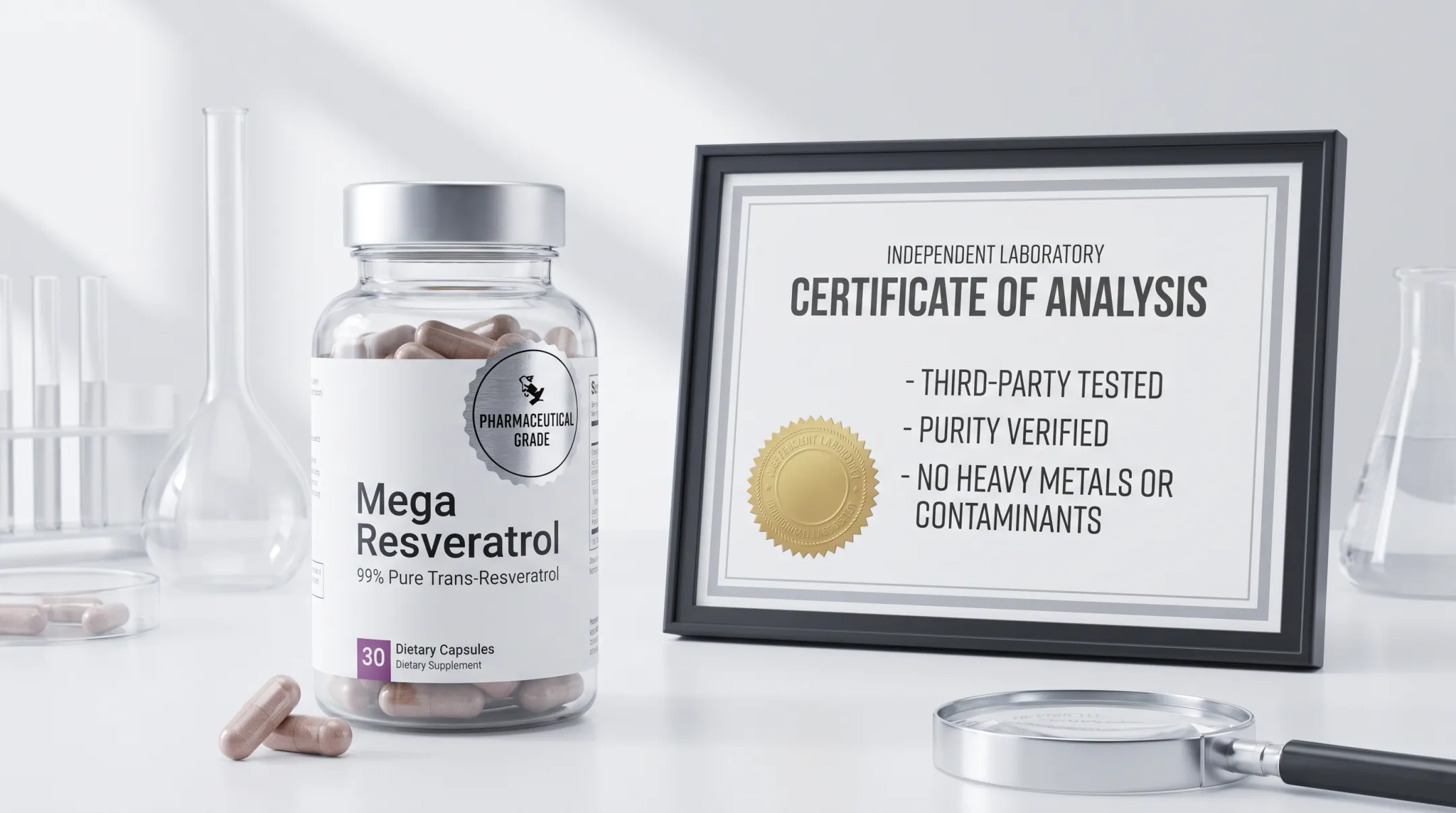 Mega Resveratrol supplement bottle with lab testing certification badge