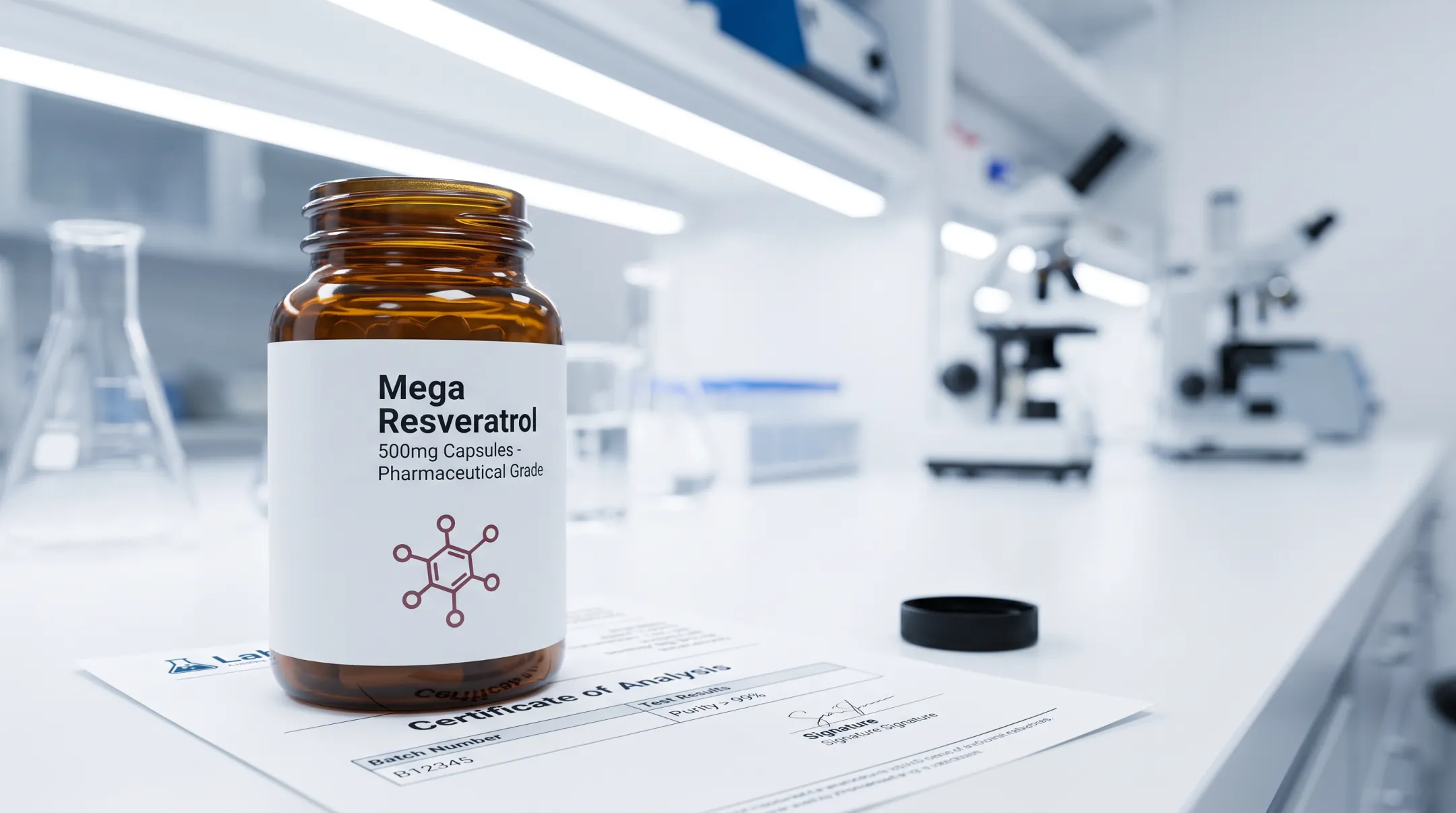 Mega Resveratrol supplement bottle with lab certificate of analysis display