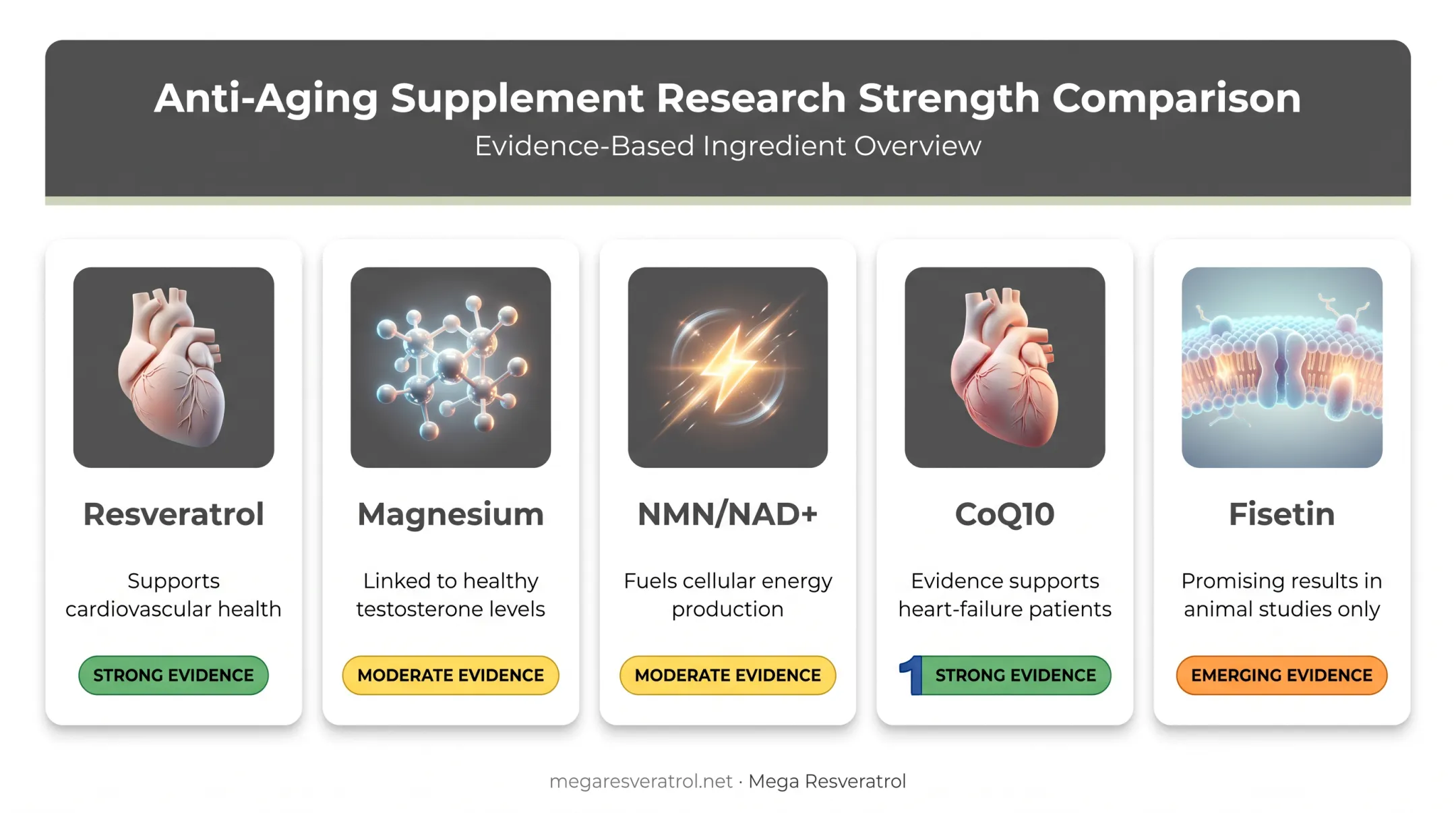 Five key anti-aging ingredients ranked by scientific research evidence strength
