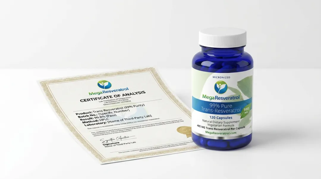 Mega Resveratrol pharmaceutical-grade trans-resveratrol supplement product and certificate of analysis