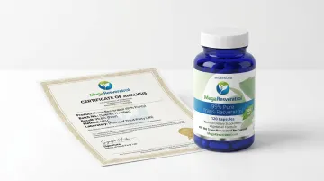 Mega Resveratrol pharmaceutical-grade trans-resveratrol supplement product and certificate of analysis