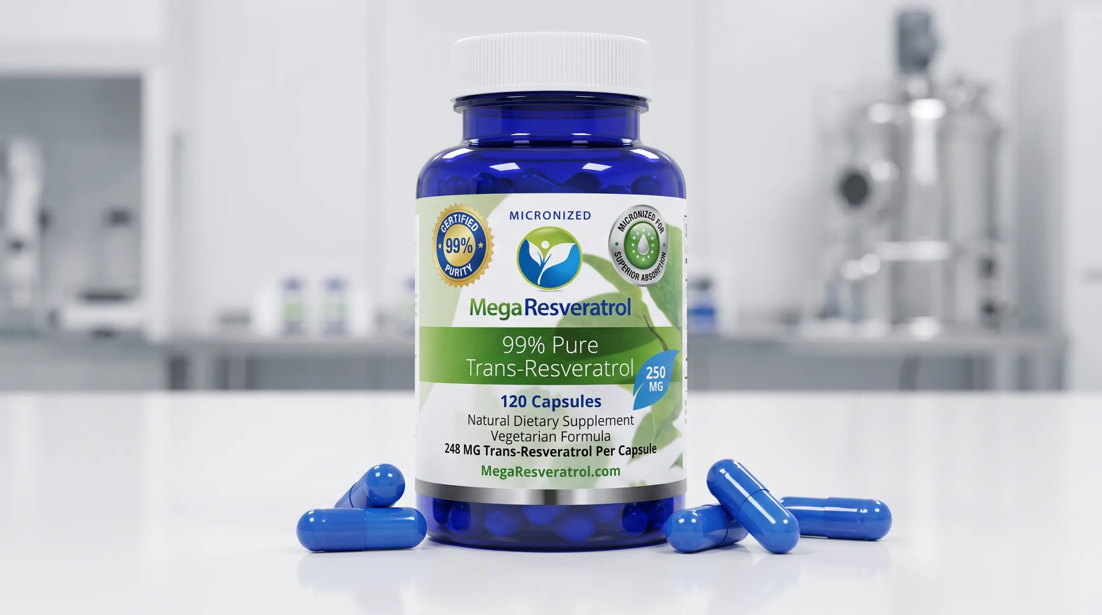 Mega Resveratrol supplement bottle with purity and absorption specifications