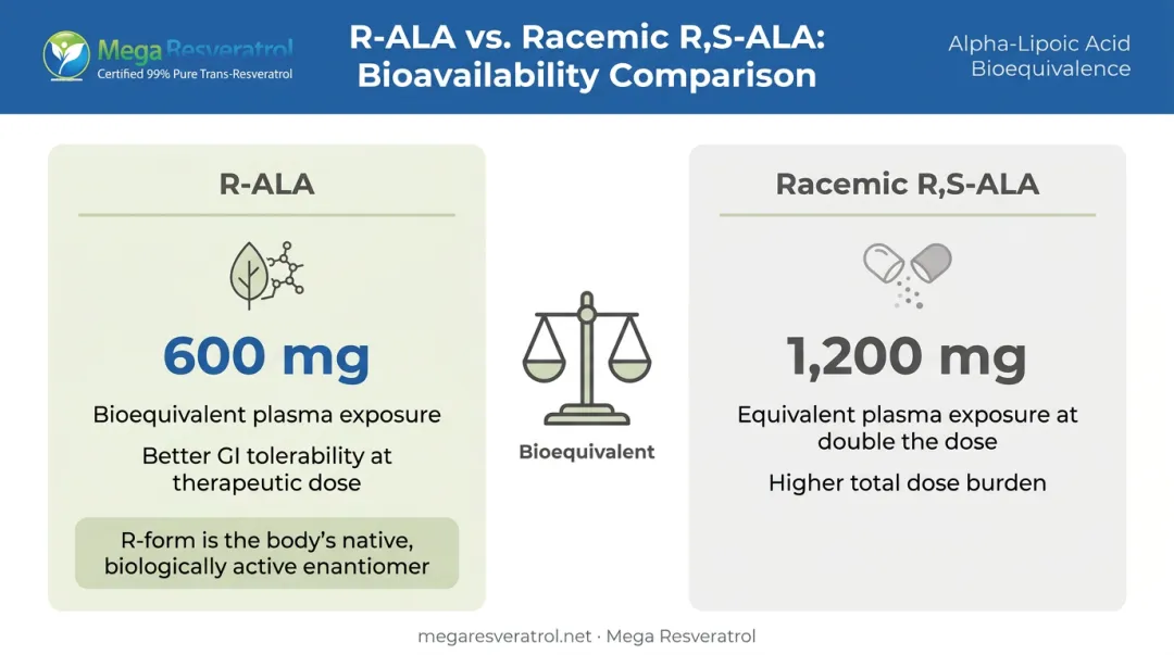 R-ALA versus racemic ALA bioavailability dosage equivalence comparison infographic
