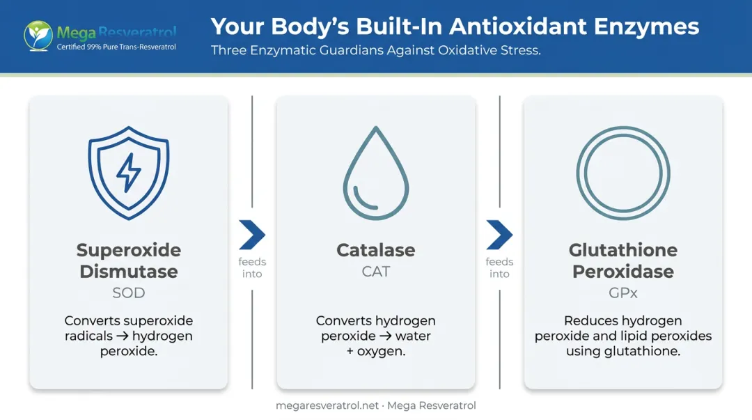 Three endogenous antioxidant enzymes roles and functions comparison infographic