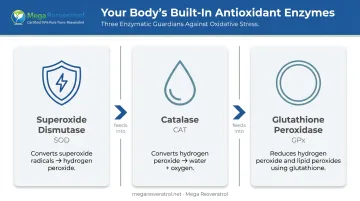 Three endogenous antioxidant enzymes roles and functions comparison infographic