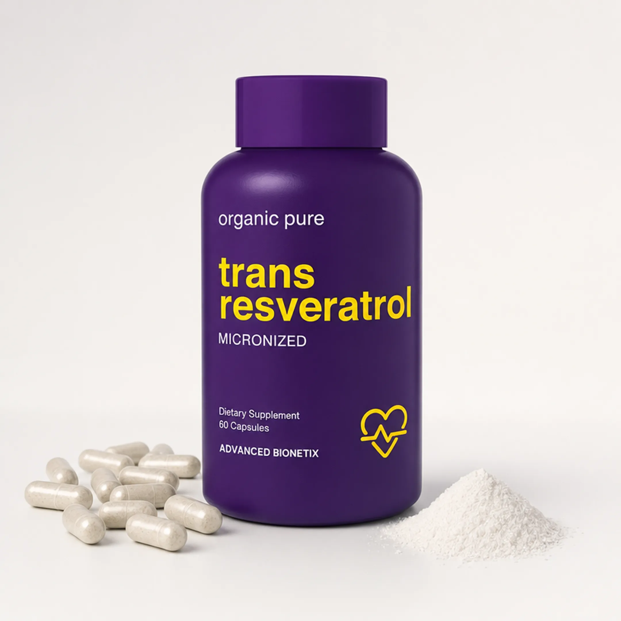 Resveratrol supplement capsules and powder on clean white background