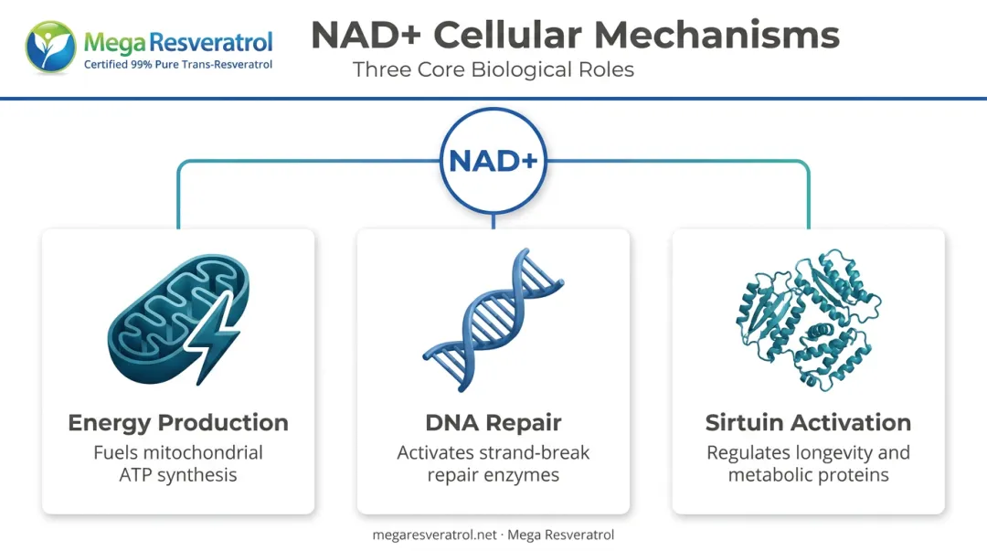 Three core NAD+ cellular functions energy DNA repair and sirtuin activation diagram