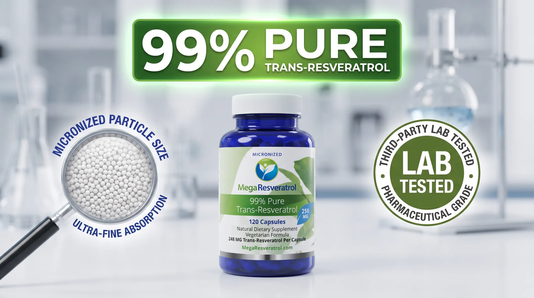 Mega Resveratrol supplement bottle with purity certification details