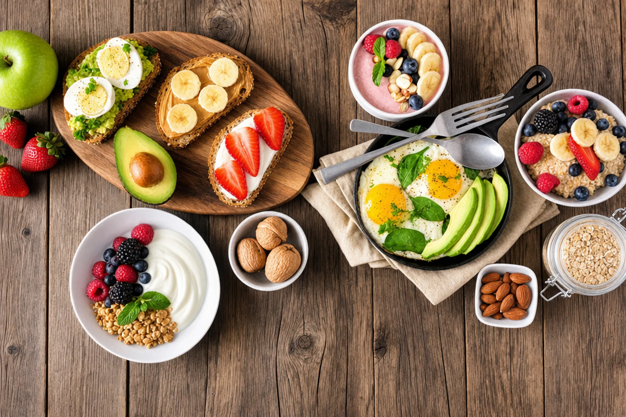 Healthy fat-containing breakfast foods for resveratrol absorption on wooden table