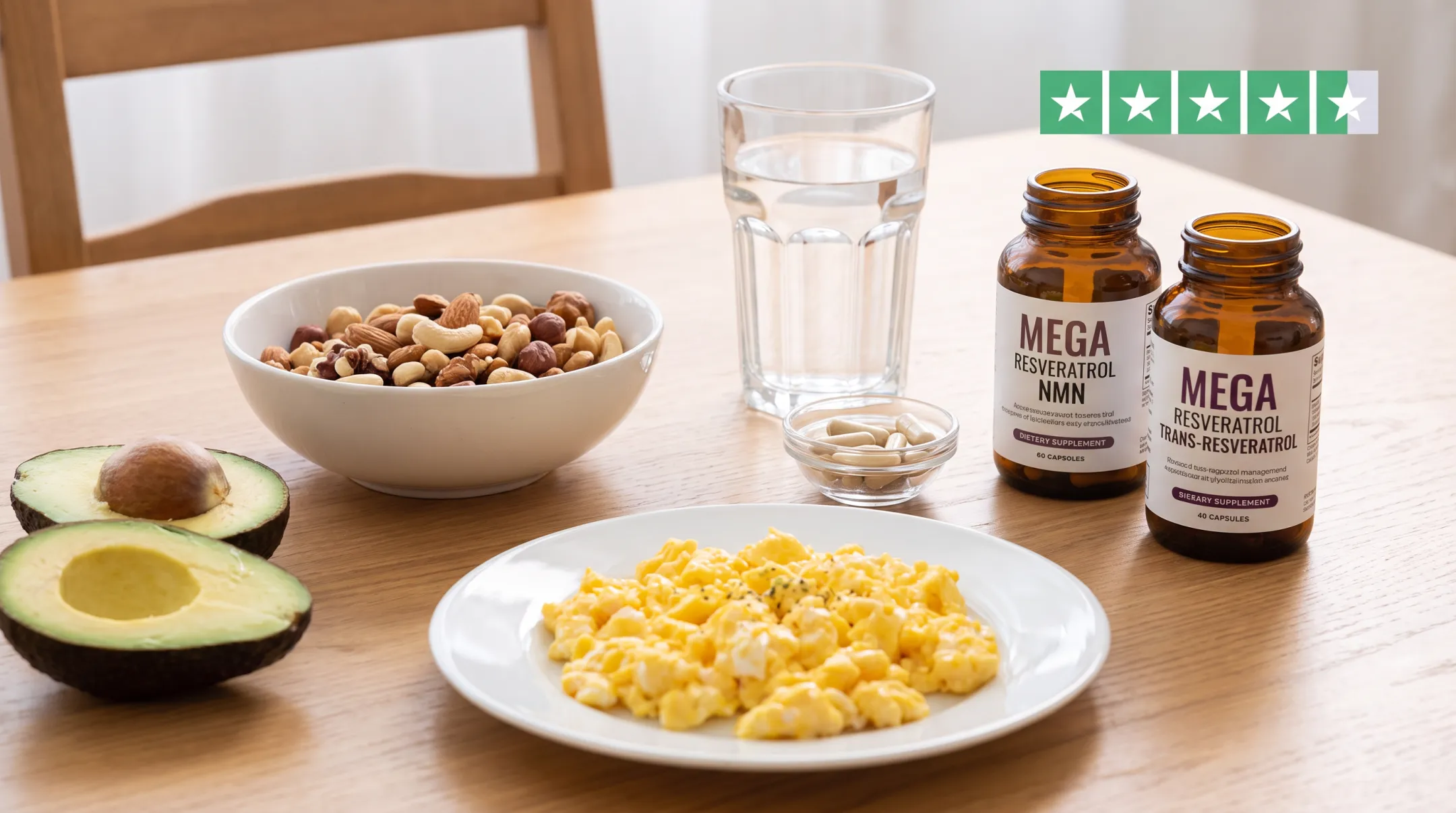 Mega Resveratrol NMN and trans-resveratrol capsules with breakfast setup