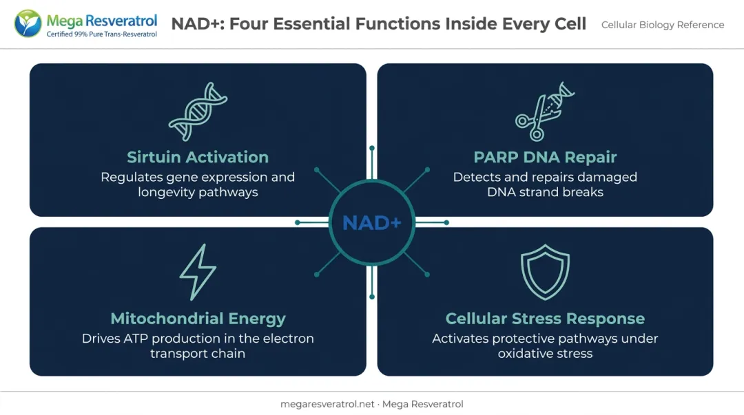 Four key functions of NAD+ inside cells supporting energy and DNA repair